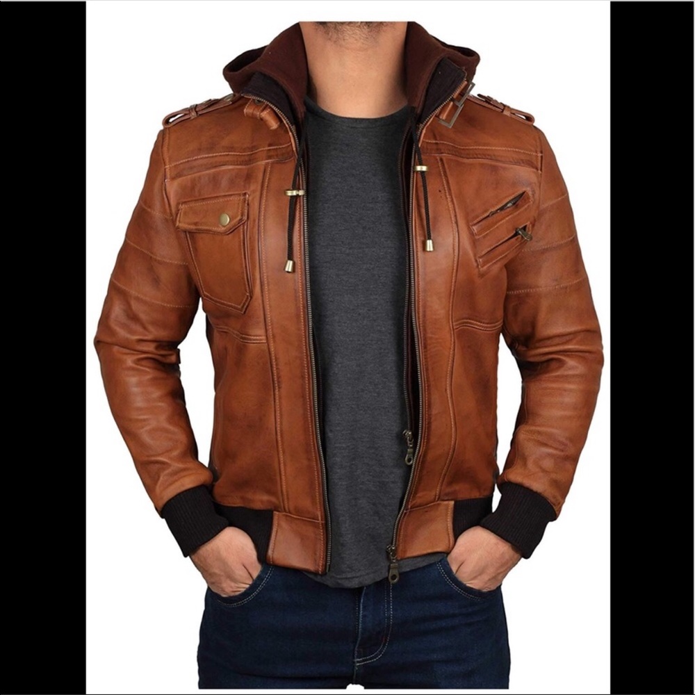 🐻 Bomber real leather jacket with detachable hood